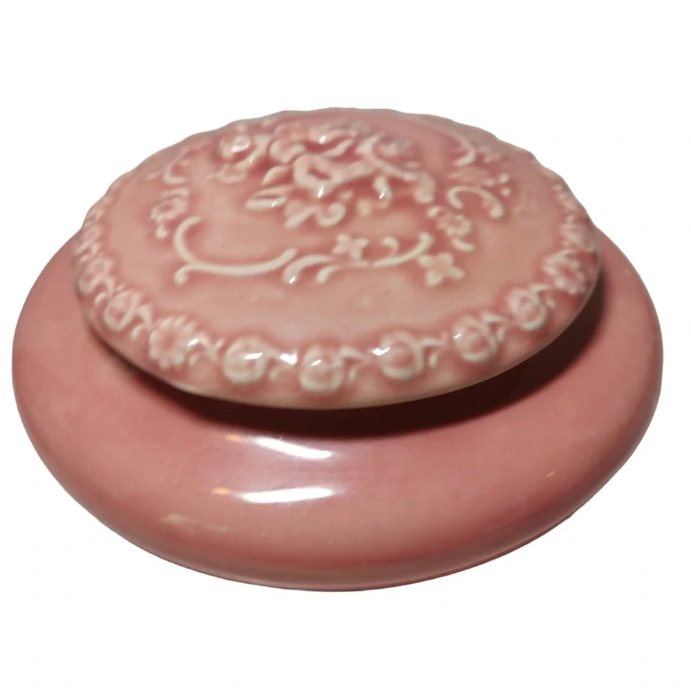 Vintage‎ Handmade Ceramic Powder Trinket Box Pink Angels Round 6.5 Inches SEE